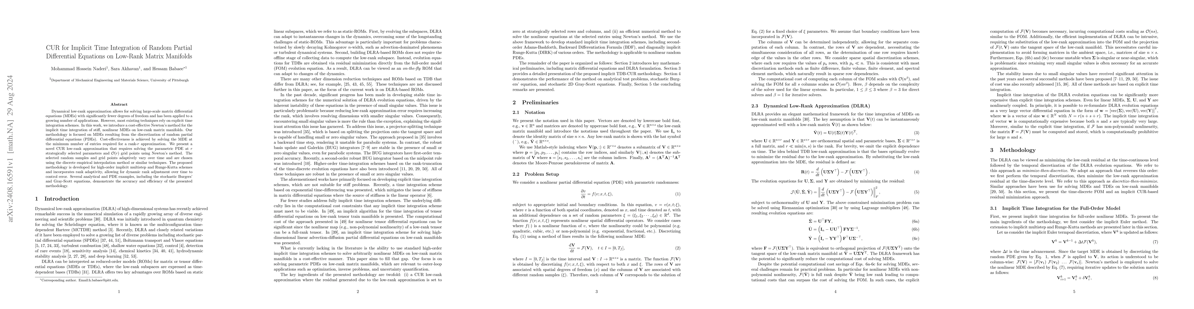 Thumbnail for CUR for Implicit Time Integration of Random Partial Differential
  Equations on Low-Rank Matrix Manifolds