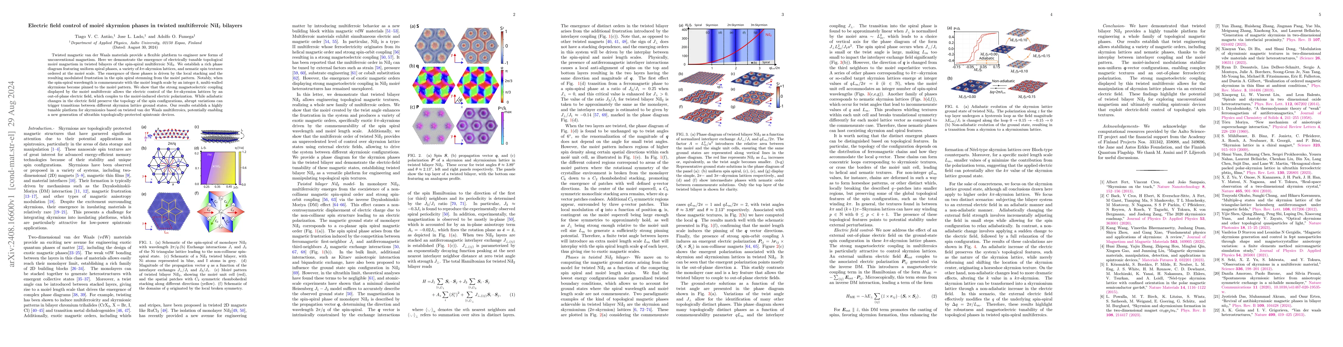 Thumbnail for Electric field control of moiré skyrmion phases in twisted
  multiferroic NiI$_2$ bilayers