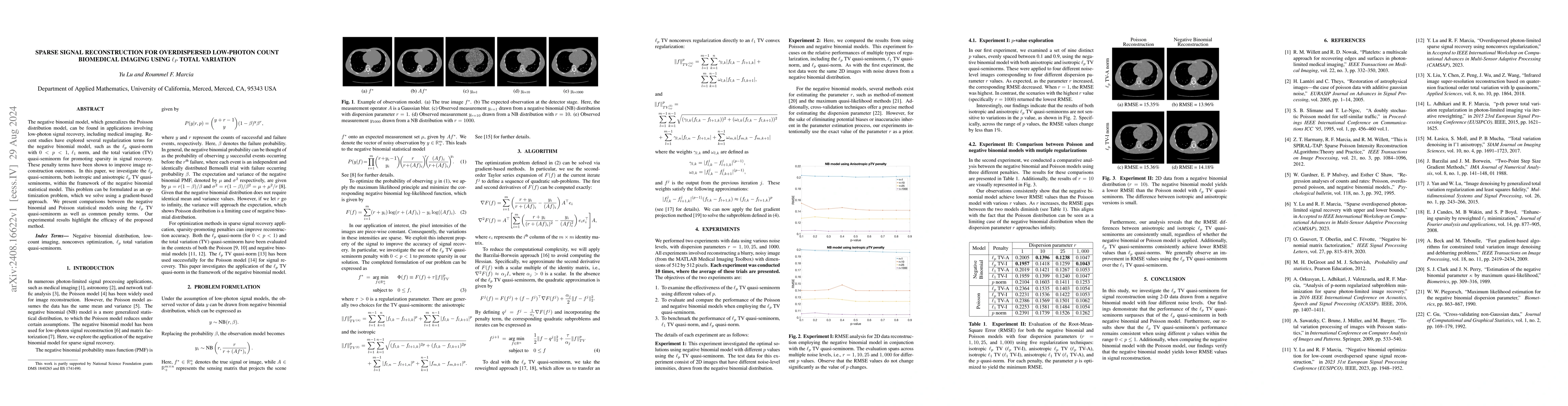 Thumbnail for Sparse Signal Reconstruction for Overdispersed Low-photon Count
  Biomedical Imaging Using $\ell_p$ Total Variation