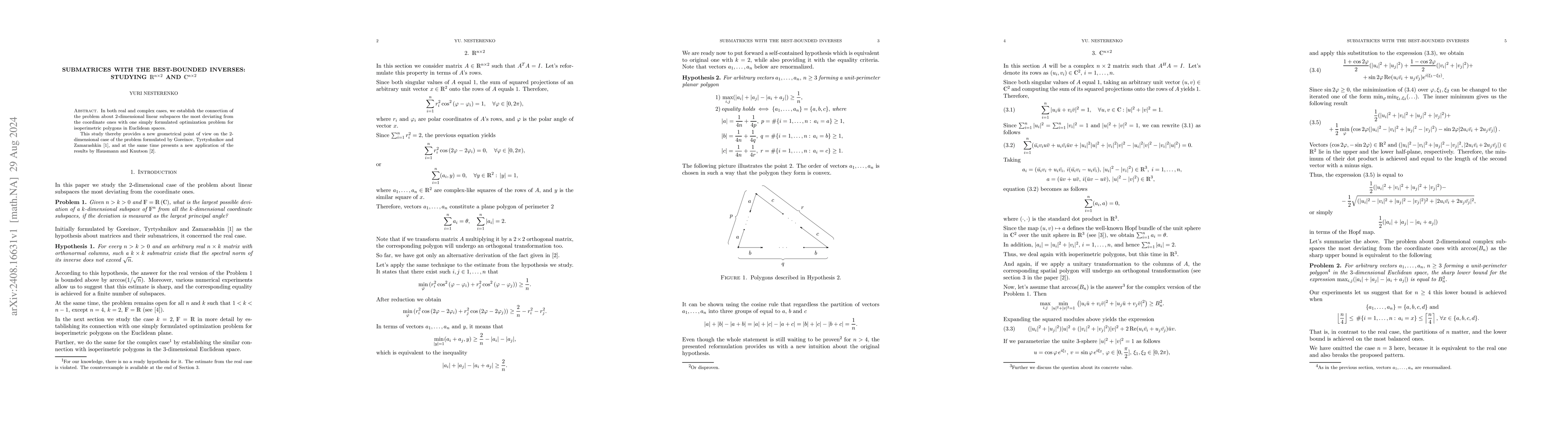 Thumbnail for Submatrices with the best-bounded inverses: Studying $\mathds{R}^{n
  \times 2}$ and $\mathds{C}^{n \times 2}$