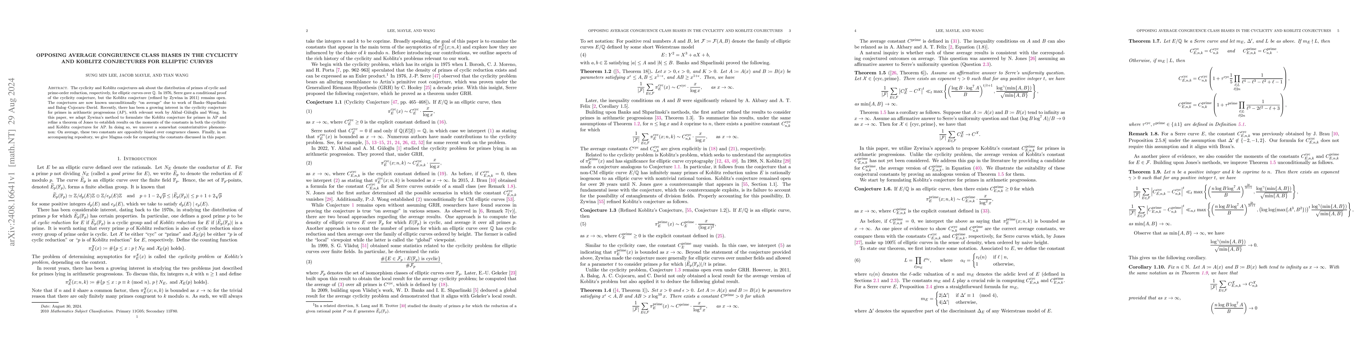 Thumbnail for Opposing Average Congruence Class Biases in the Cyclicity and Koblitz
  Conjectures for Elliptic Curves