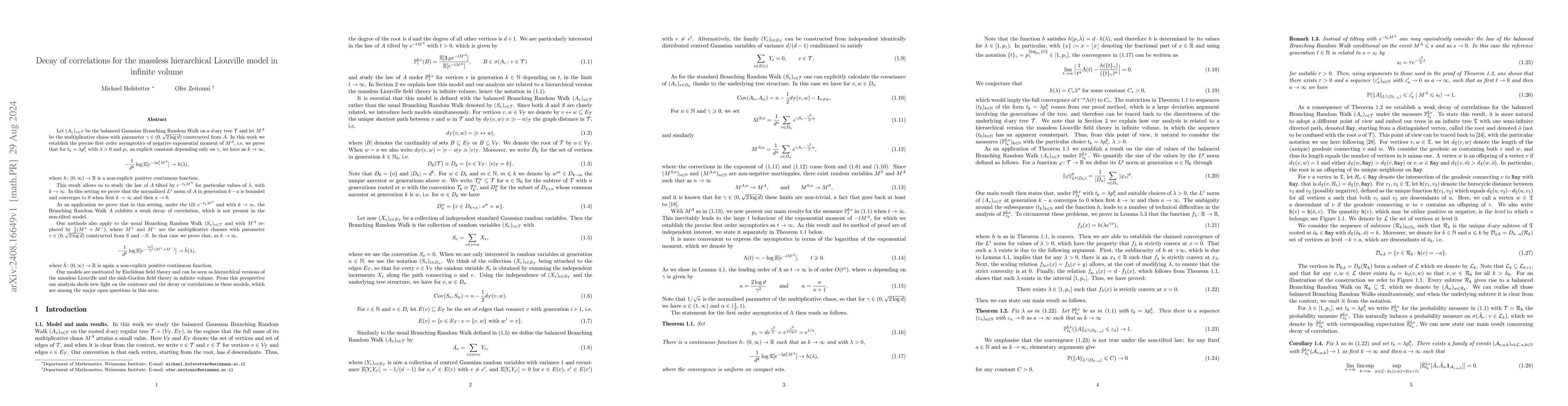 Thumbnail for Decay of correlations for the massless hierarchical Liouville model in
  infinite volume