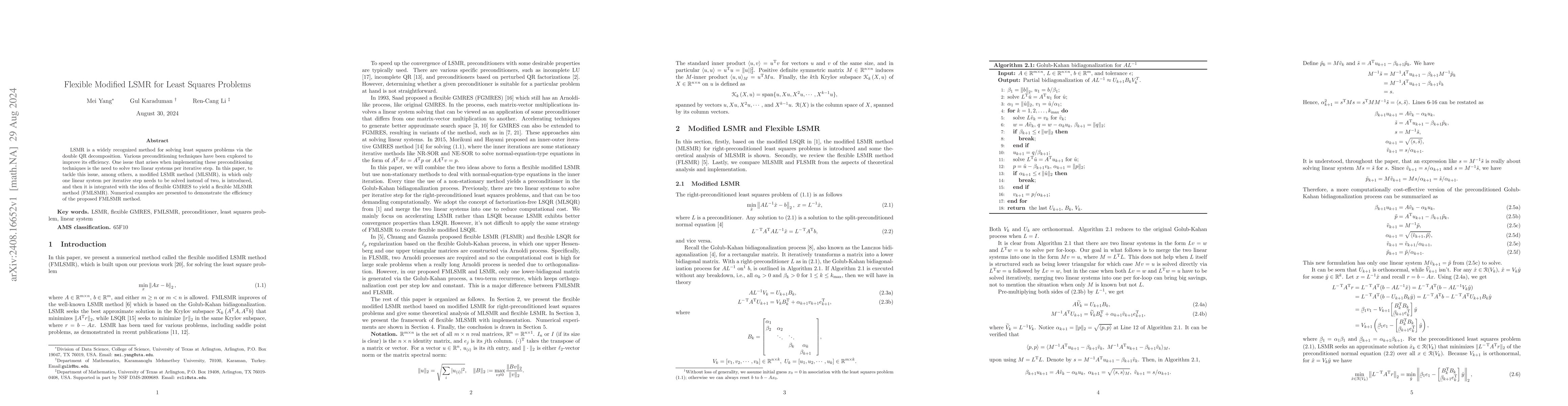 Thumbnail for Flexible Modified LSMR Method for Least Squares Problems