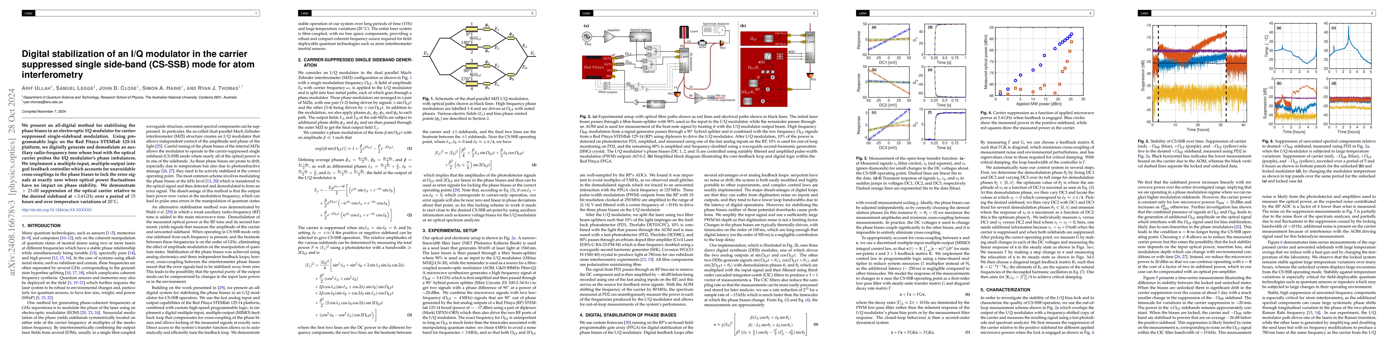 Thumbnail for Digital stabilization of an IQ modulator in the carrier suppressed
  single side-band (CS-SSB) mode for atom interferometry