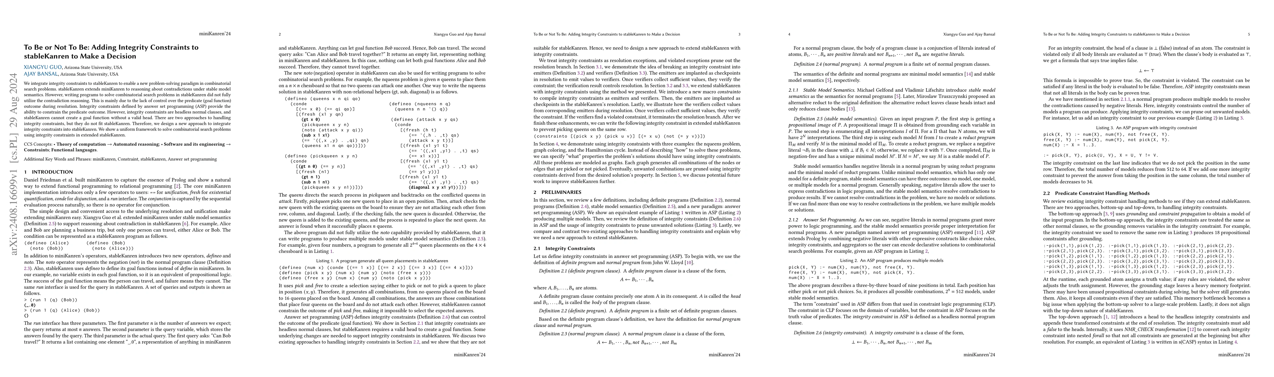 Thumbnail for To Be or Not To Be: Adding Integrity Constraints to stableKanren to Make
  a Decision