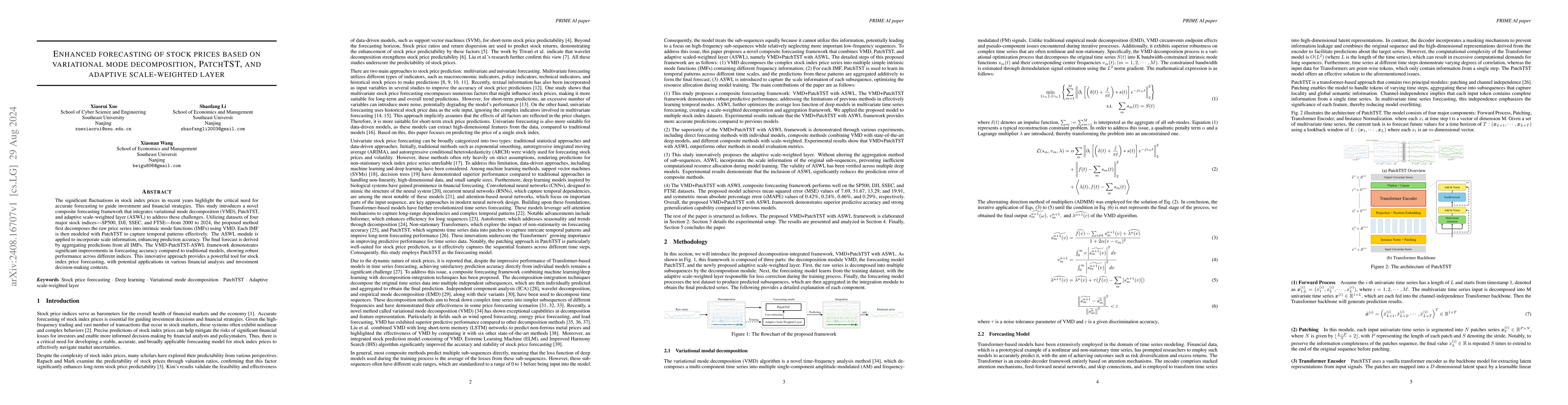 Thumbnail for Enhanced forecasting of stock prices based on variational mode
  decomposition, PatchTST, and adaptive scale-weighted layer