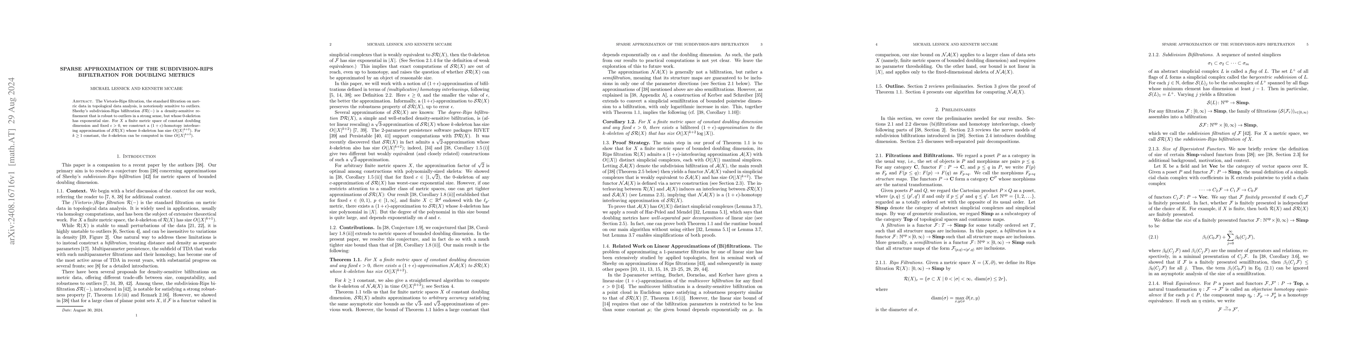 Thumbnail for Sparse Approximation of the Subdivision-Rips Bifiltration for Doubling
  Metrics