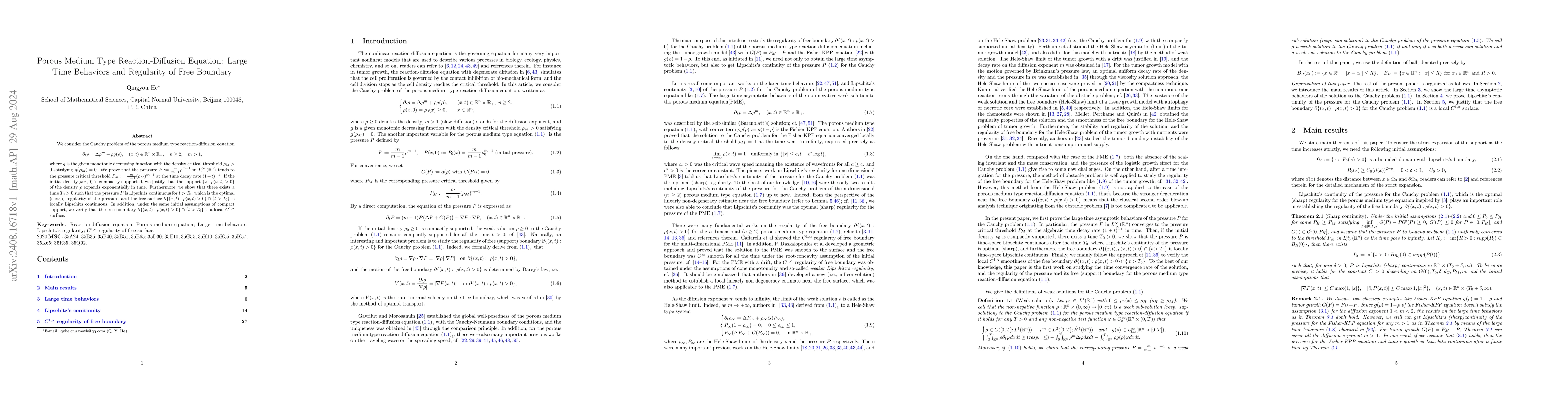Thumbnail for Porous medium type reaction-diffusion equation: large time behaviors and
  regularity of free boundary