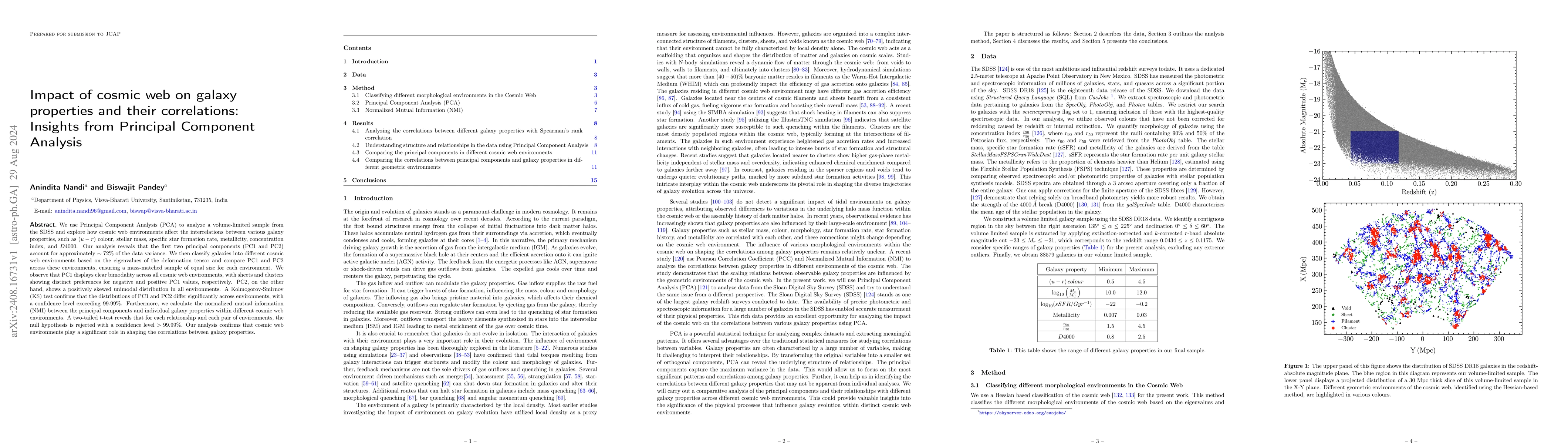 Thumbnail for Impact of cosmic web on galaxy properties and their correlations:
  Insights from Principal Component Analysis