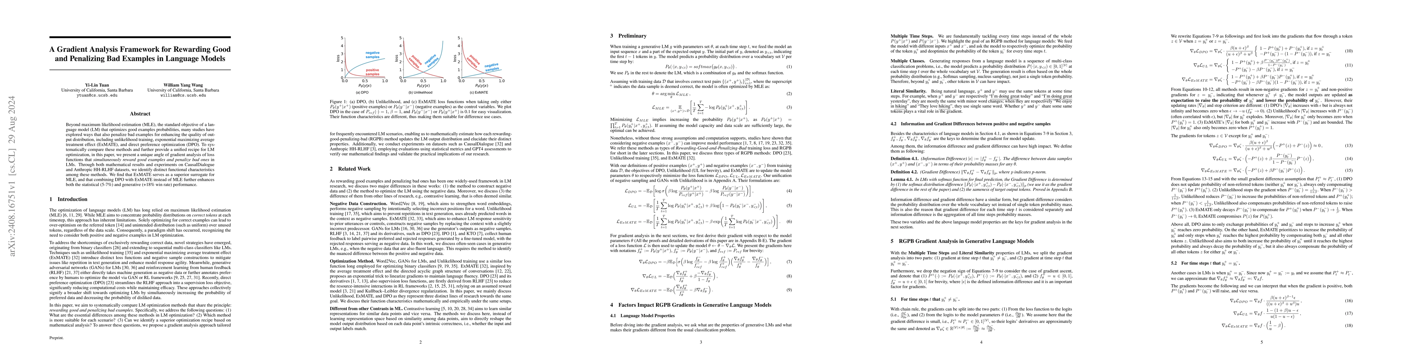 Thumbnail for A Gradient Analysis Framework for Rewarding Good and Penalizing Bad
  Examples in Language Models