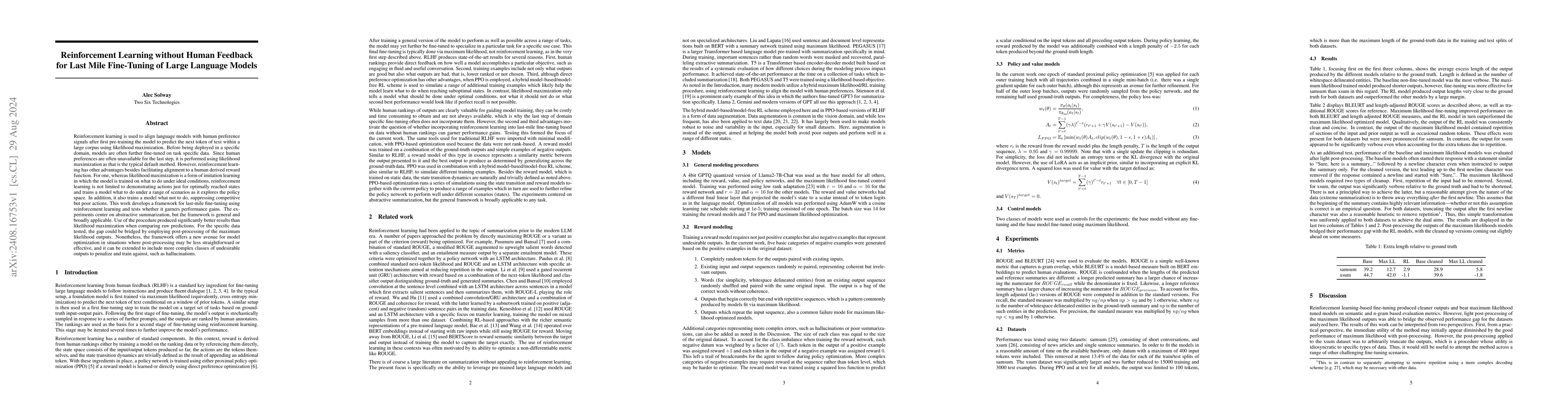 Thumbnail for Reinforcement Learning without Human Feedback for Last Mile Fine-Tuning
  of Large Language Models