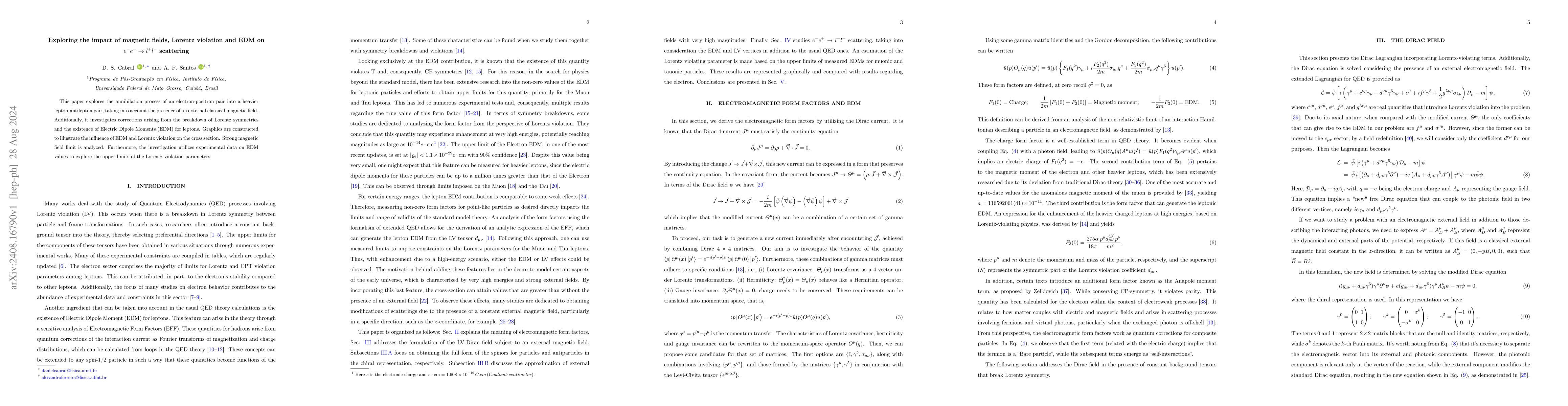 Thumbnail for Exploring the impact of magnetic fields, Lorentz violation and EDM on
  $e^+ e^-\rightarrow l^+ l^-$ scattering