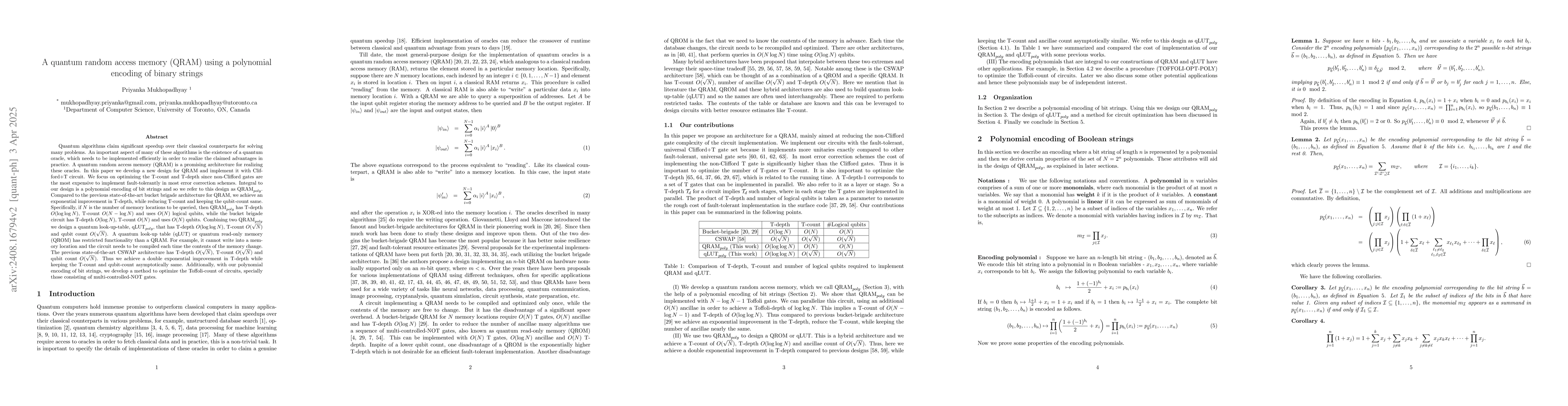 Thumbnail for A quantum random access memory (QRAM) using a polynomial encoding of
  binary strings