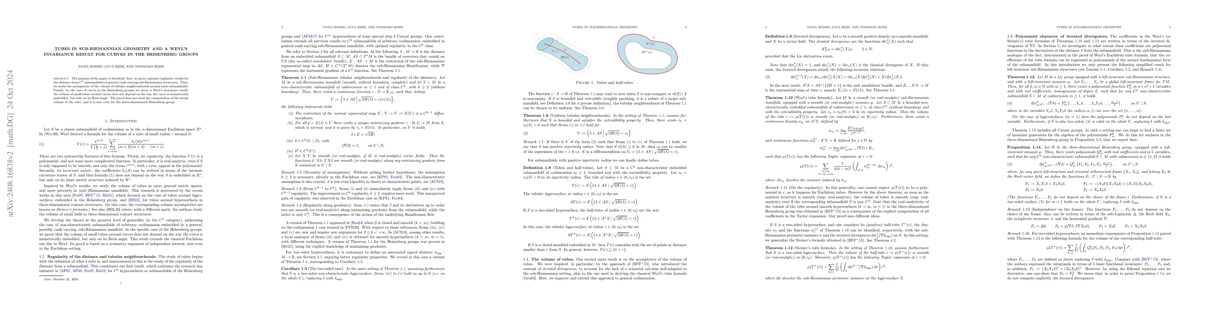 Thumbnail for Tubes in sub-Riemannian geometry and a Weyl's invariance result for
  curves in the Heisenberg groups
