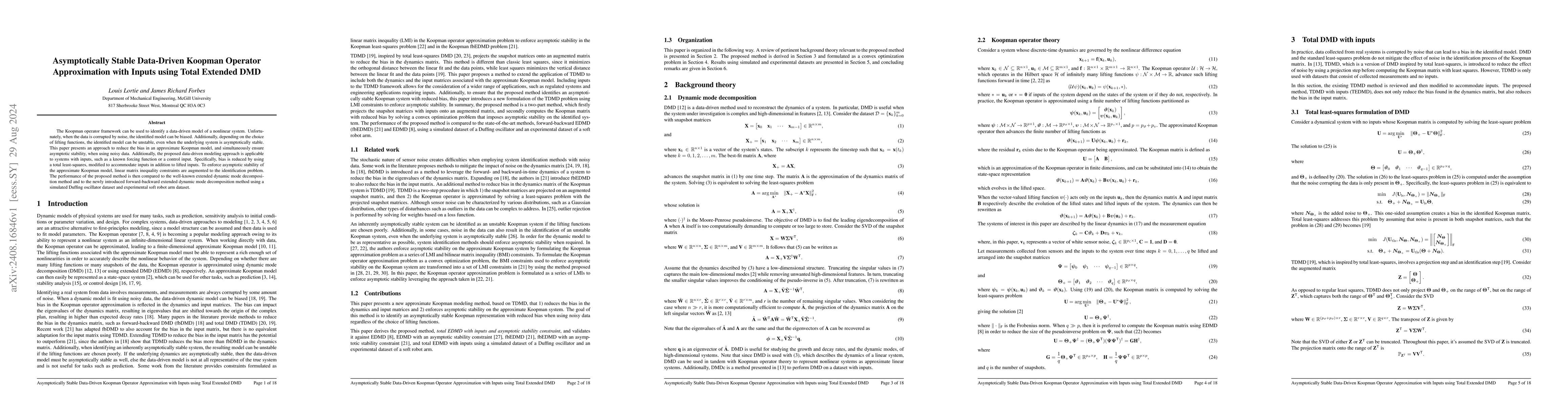 Thumbnail for Asymptotically Stable Data-Driven Koopman Operator Approximation with
  Inputs using Total Extended DMD