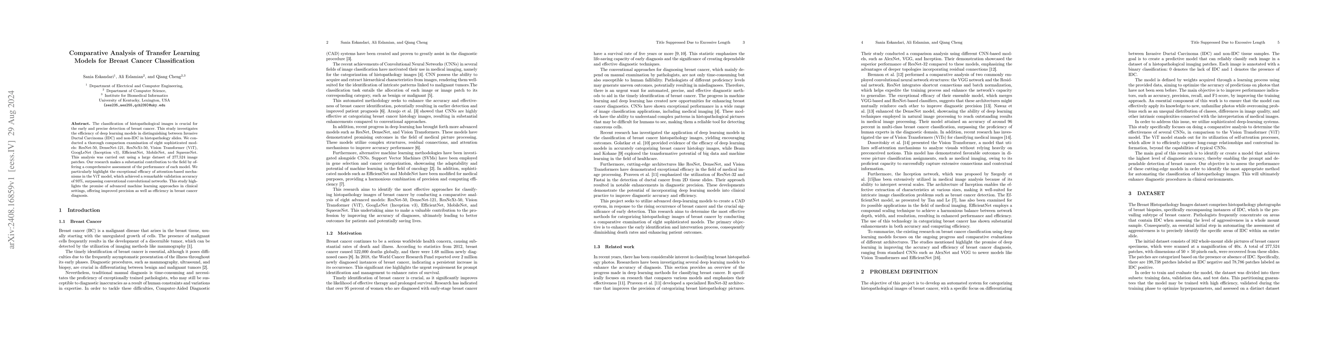 Thumbnail for Comparative Analysis of Transfer Learning Models for Breast Cancer
  Classification