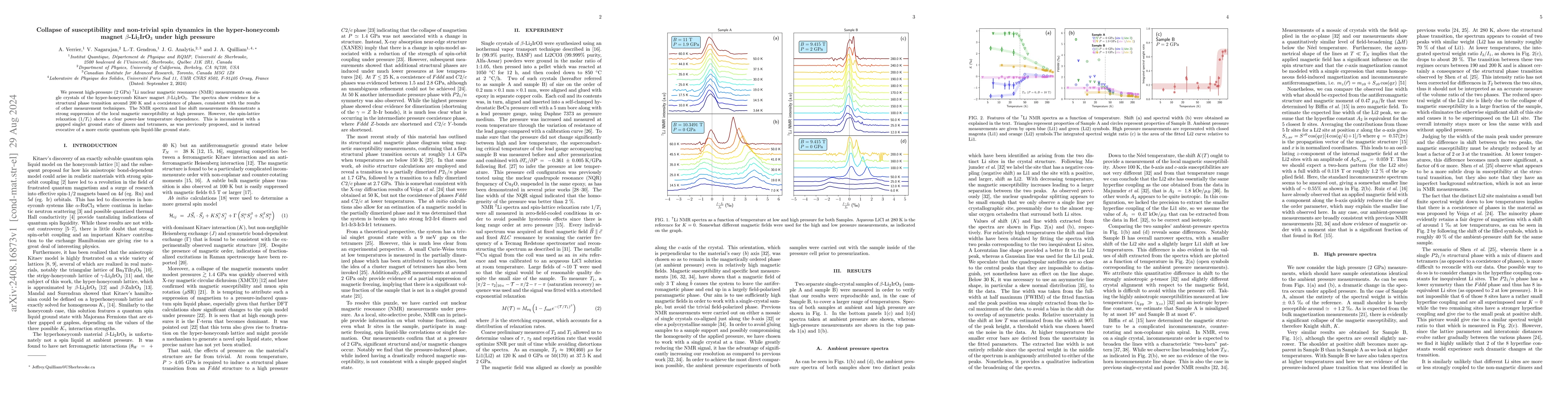 Thumbnail for Collapse of susceptibility and non-trivial spin dynamics in the
  hyper-honeycomb magnet $β$-Li$_2$IrO$_3$ under high pressure