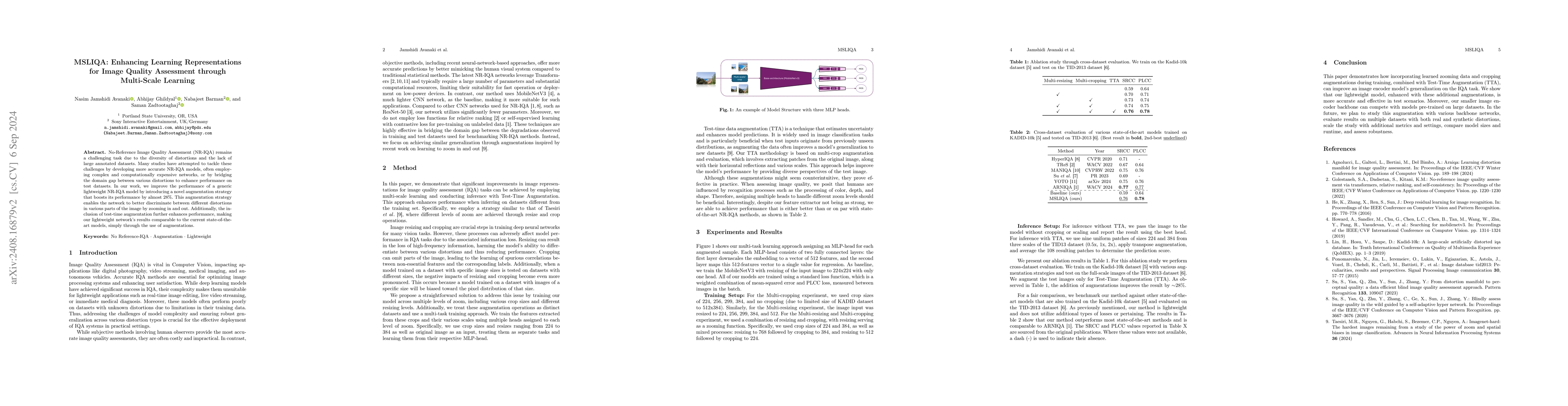 Thumbnail for MSLIQA: Enhancing Learning Representations for Image Quality Assessment
  through Multi-Scale Learning