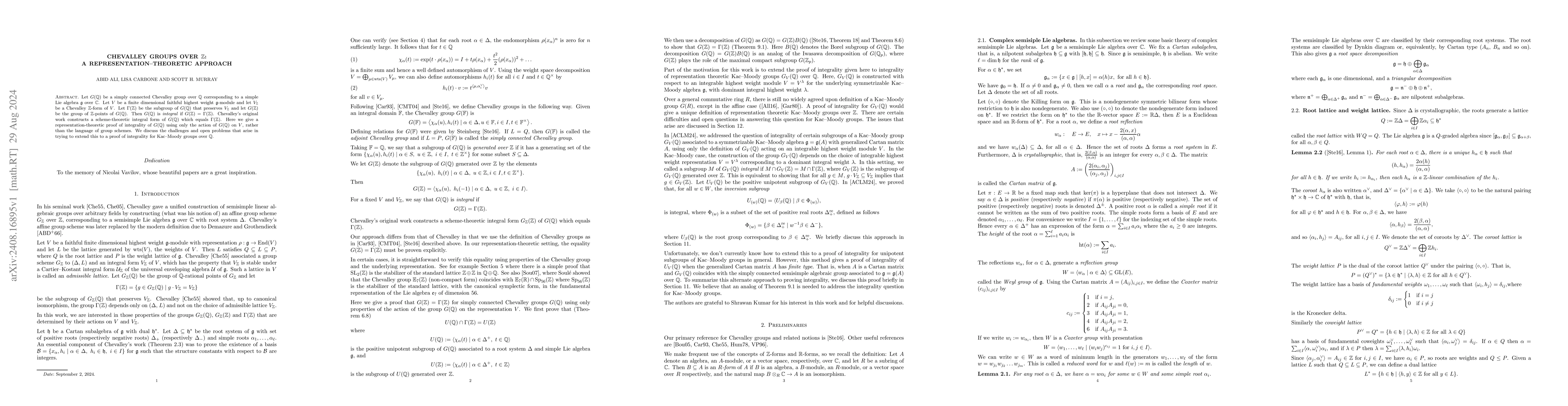 Thumbnail for Chevalley groups over $\Z$: A representation-theoretic approach