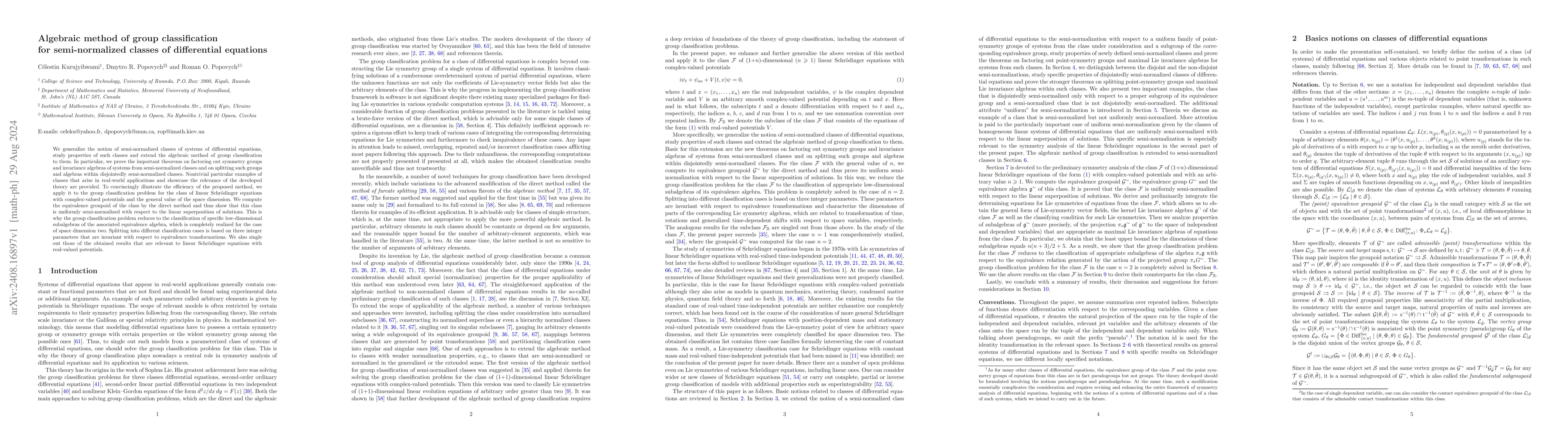 Thumbnail for Algebraic method of group classification for semi-normalized classes of
  differential equations