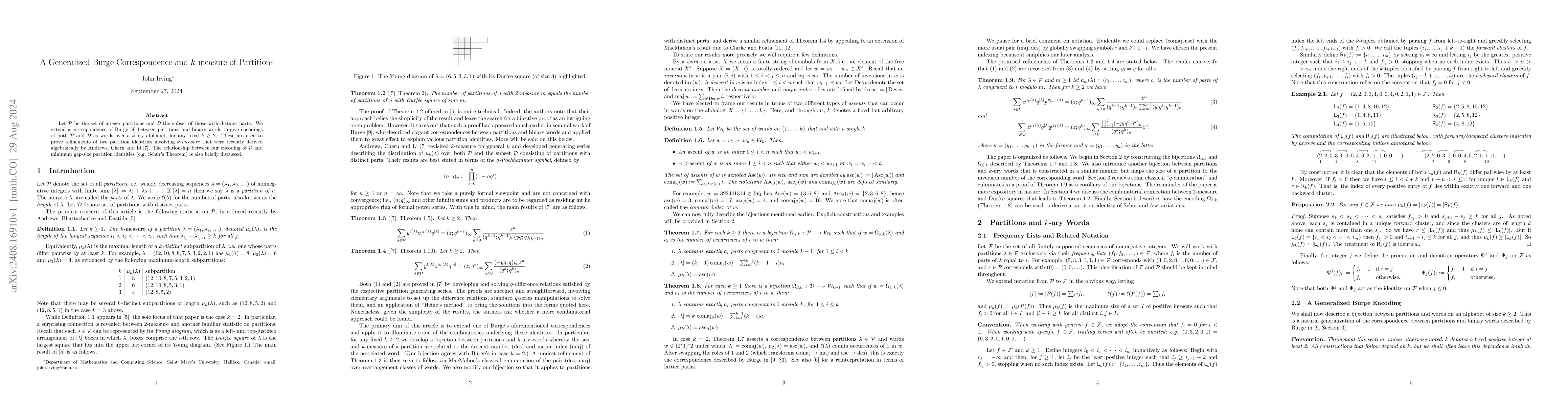 Thumbnail for A Generalized Burge Correspondence and $k$-measure of Partitions