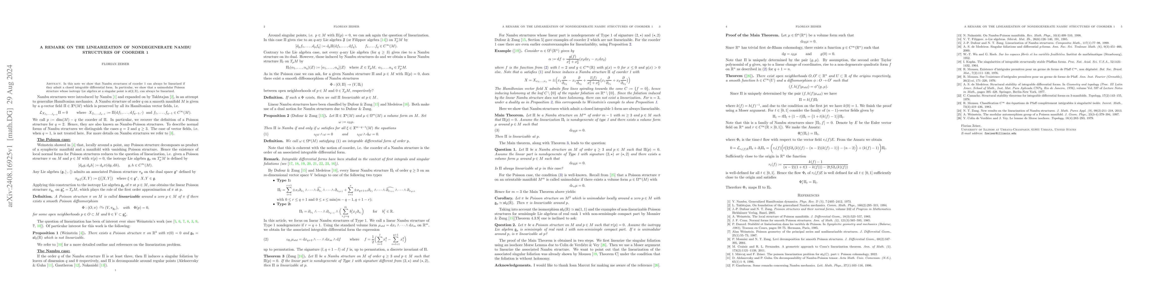 Thumbnail for A remark on the linearization of nondegenerate Nambu structures of
  coorder 1