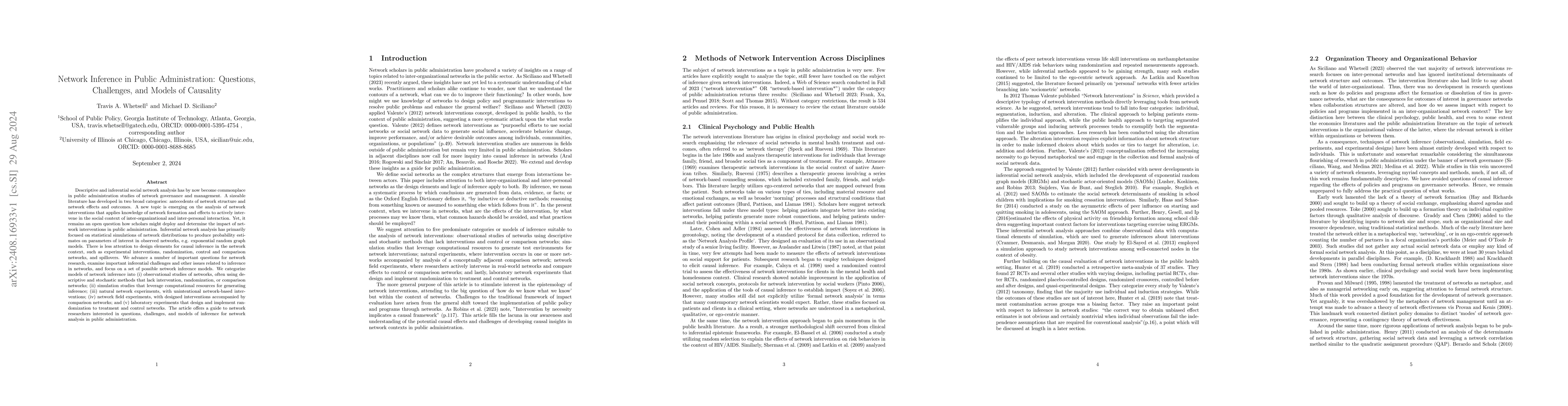 Thumbnail for Network Inference in Public Administration: Questions, Challenges, and
  Models of Causality