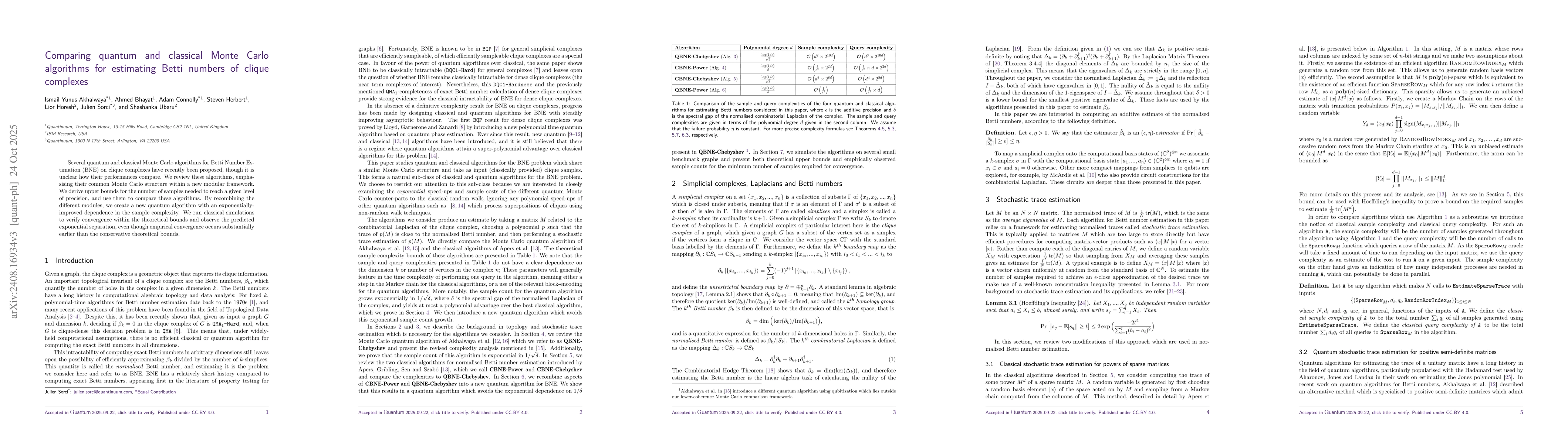 Thumbnail for Comparing quantum and classical Monte Carlo algorithms for estimating
  Betti numbers of clique complexes