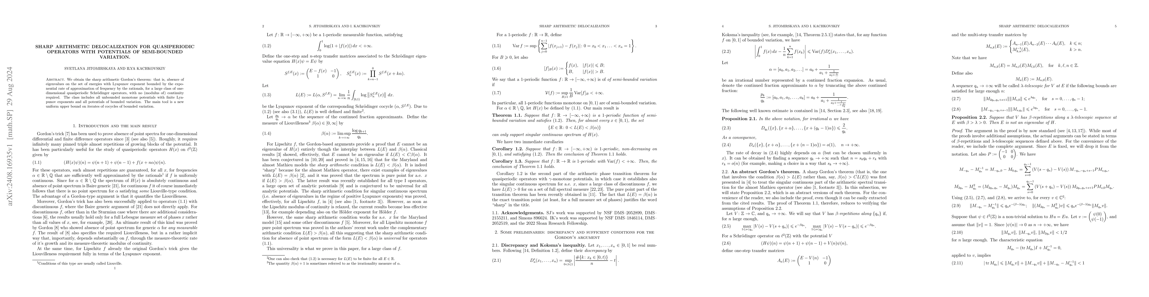 Thumbnail for Sharp arithmetic delocalization for quasiperiodic operators with
  potentials of semi-bounded variation