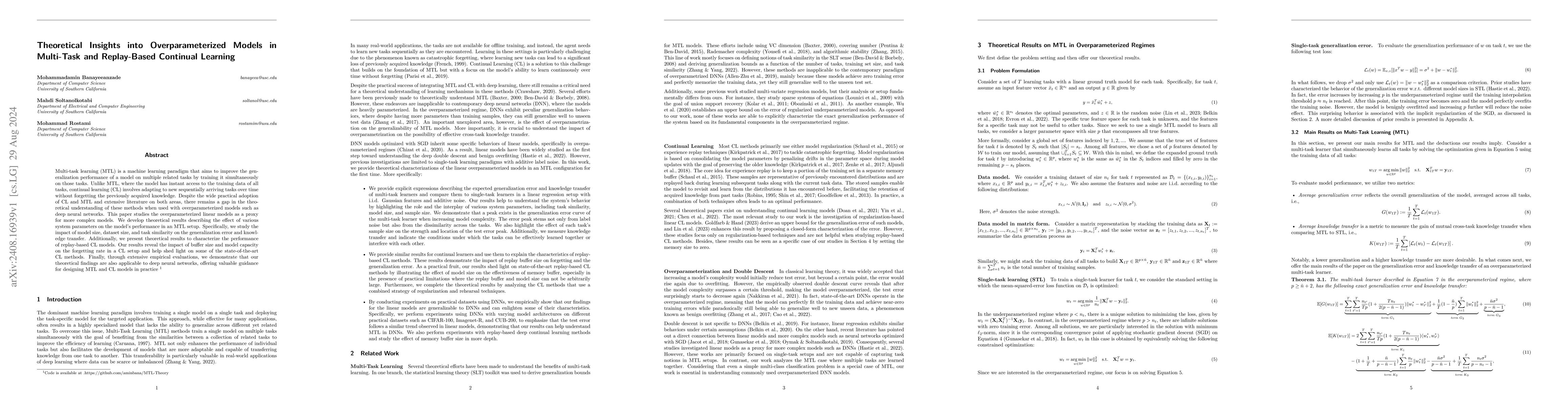 Thumbnail for Theoretical Insights into Overparameterized Models in Multi-Task and
  Replay-Based Continual Learning