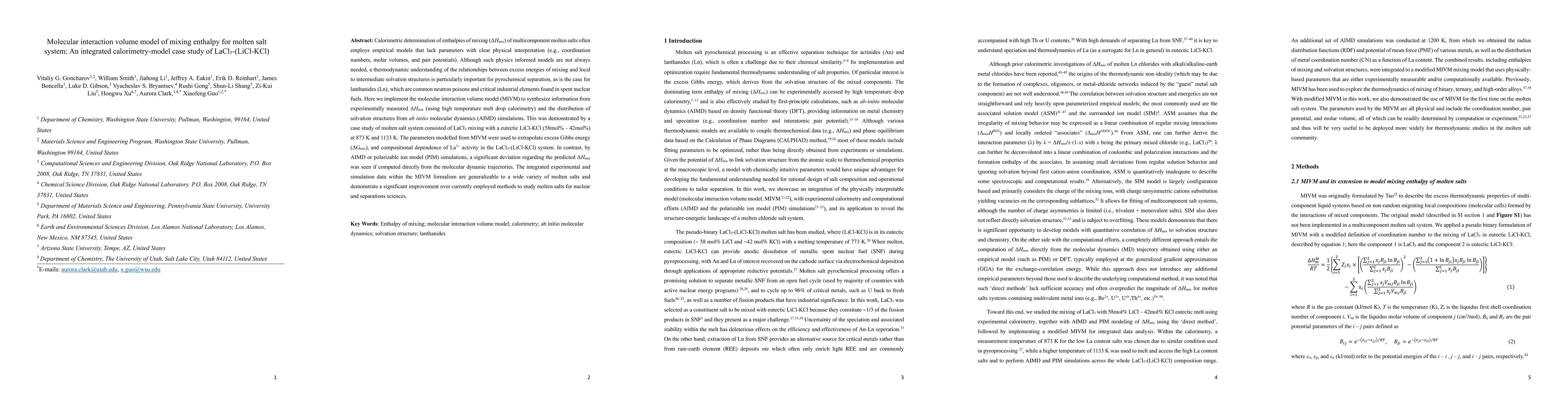 Thumbnail for Molecular interaction volume model of mixing enthalpy for molten salt
  system: An integrated calorimetry-model case study of LaCl$_3$-(LiCl-KCl)