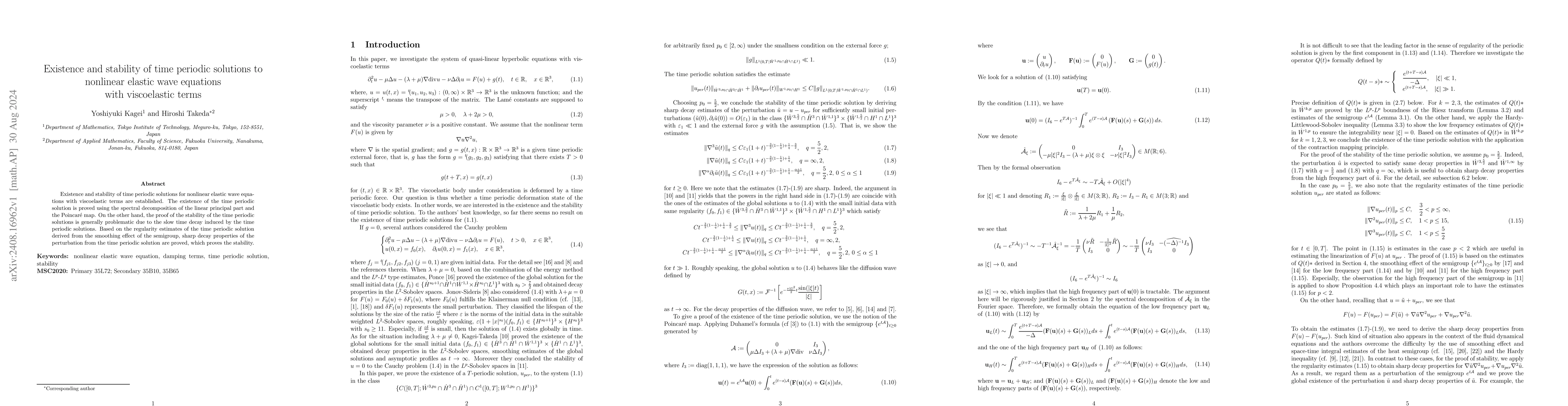 Thumbnail for Existence and stability of time periodic solutions to nonlinear elastic
  wave equations with viscoelastic terms