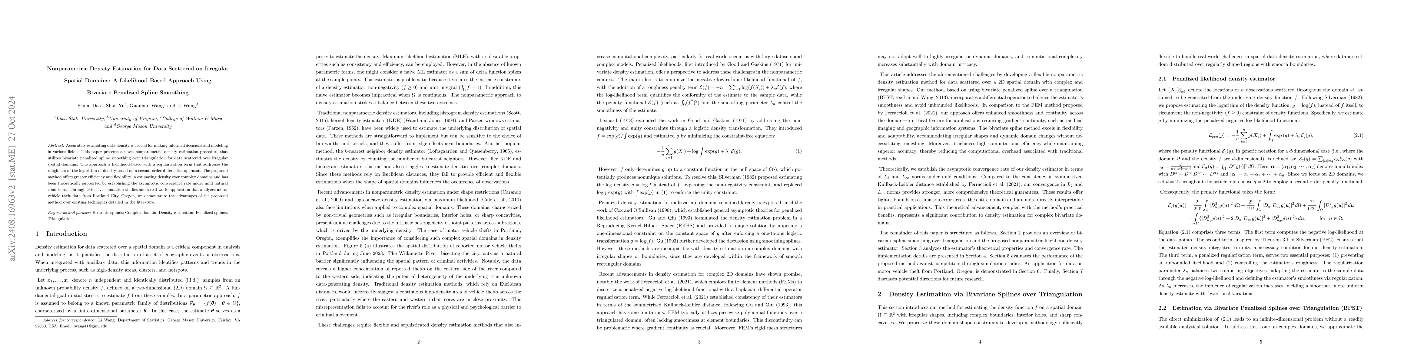 Thumbnail for Nonparametric Density Estimation for Data Scattered on Irregular Spatial
  Domains: A Likelihood-Based Approach Using Bivariate Penalized Spline
  Smoothing