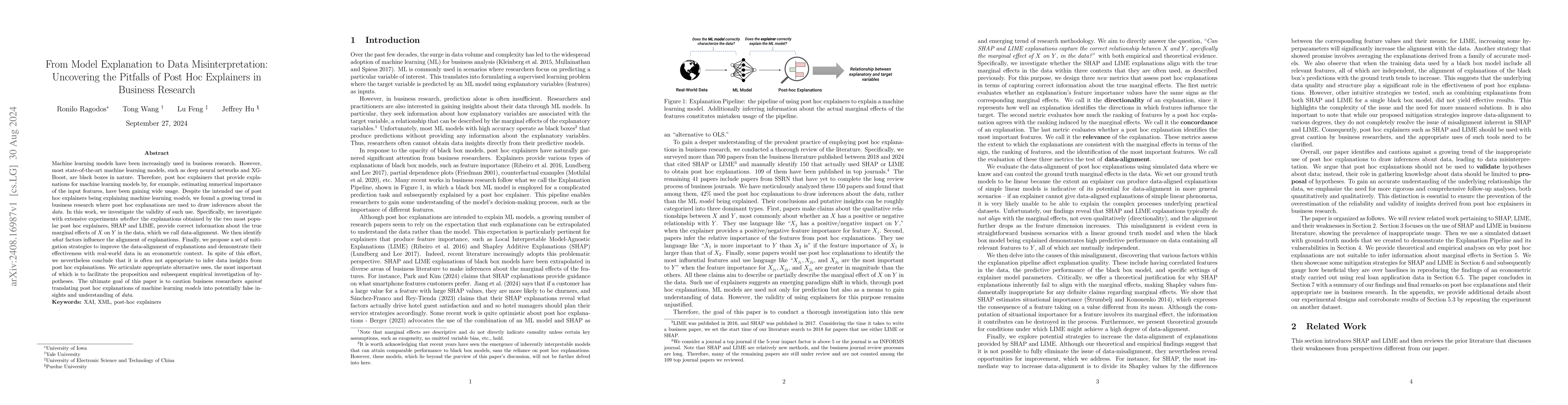 Thumbnail for From Model Explanation to Data Misinterpretation: Uncovering the
  Pitfalls of Post Hoc Explainers in Business Research
