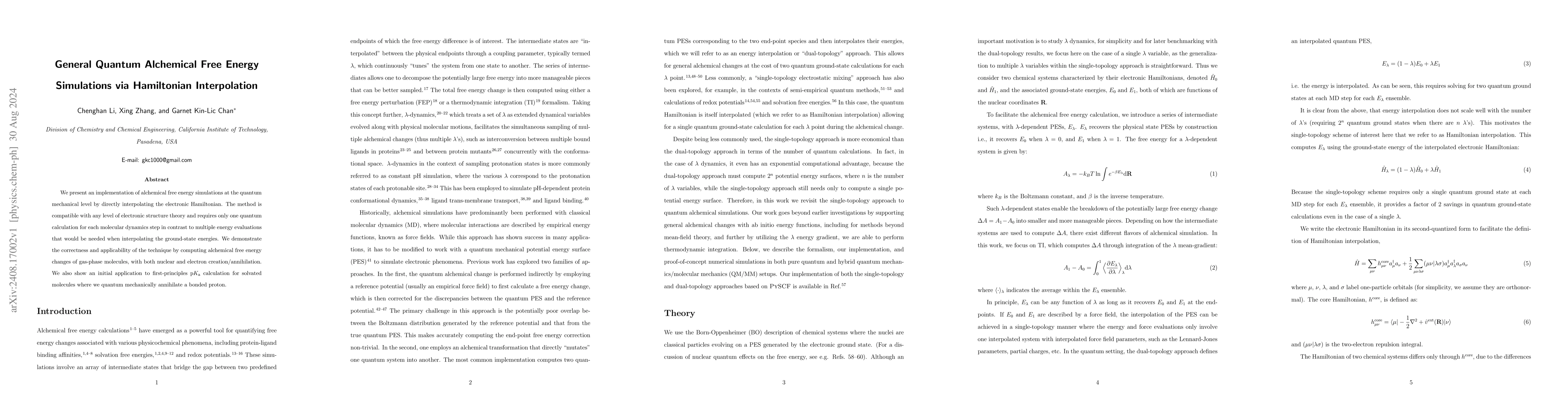 Thumbnail for General Quantum Alchemical Free Energy Simulations via Hamiltonian
  Interpolation
