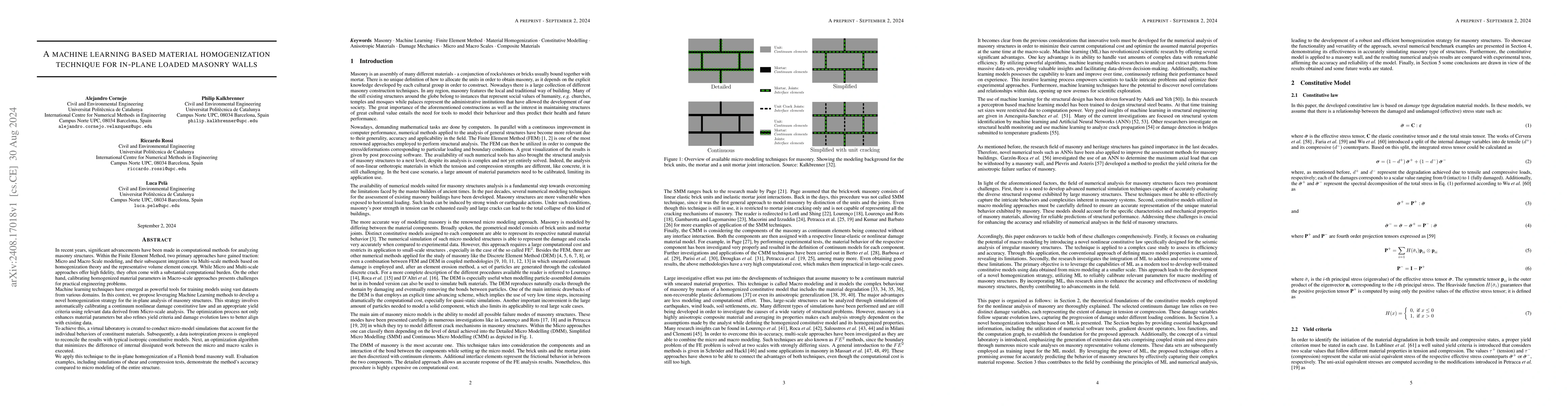 Thumbnail for A machine learning based material homogenization technique for in-plane
  loaded masonry walls
