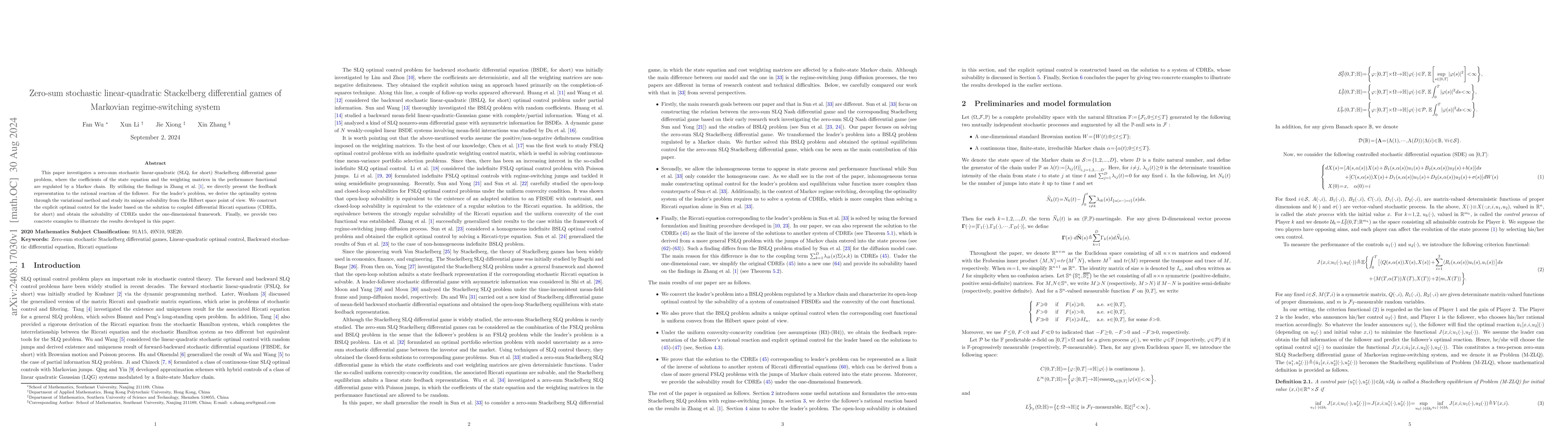 Thumbnail for Zero-sum stochastic linear-quadratic Stackelberg differential games of
  Markovian regime-switching system