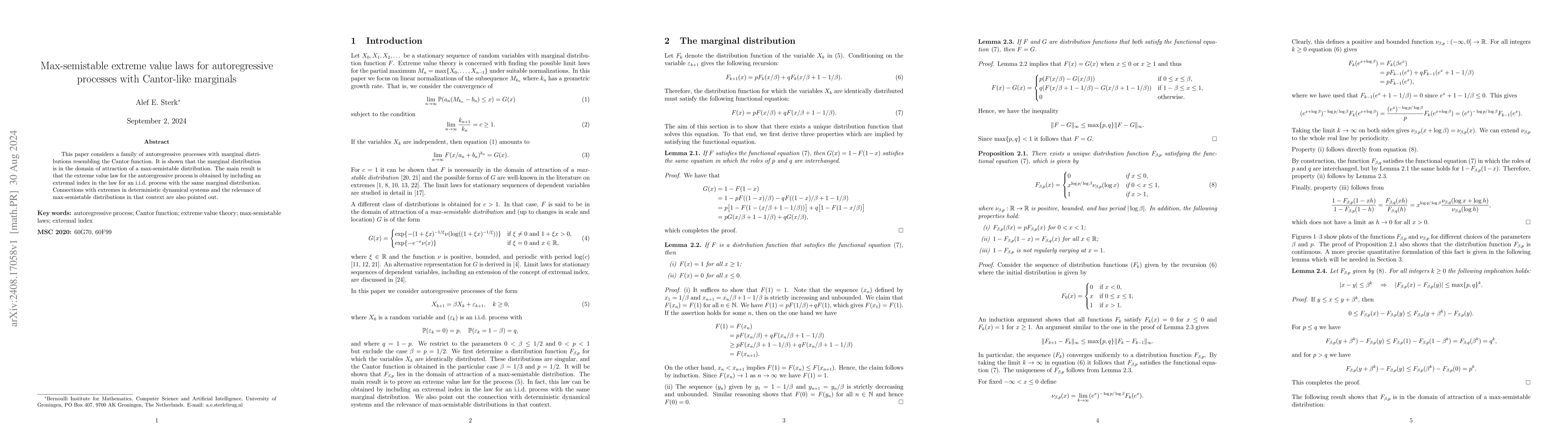 Thumbnail for Max-semistable extreme value laws for autoregressive processes with
  Cantor-like marginals