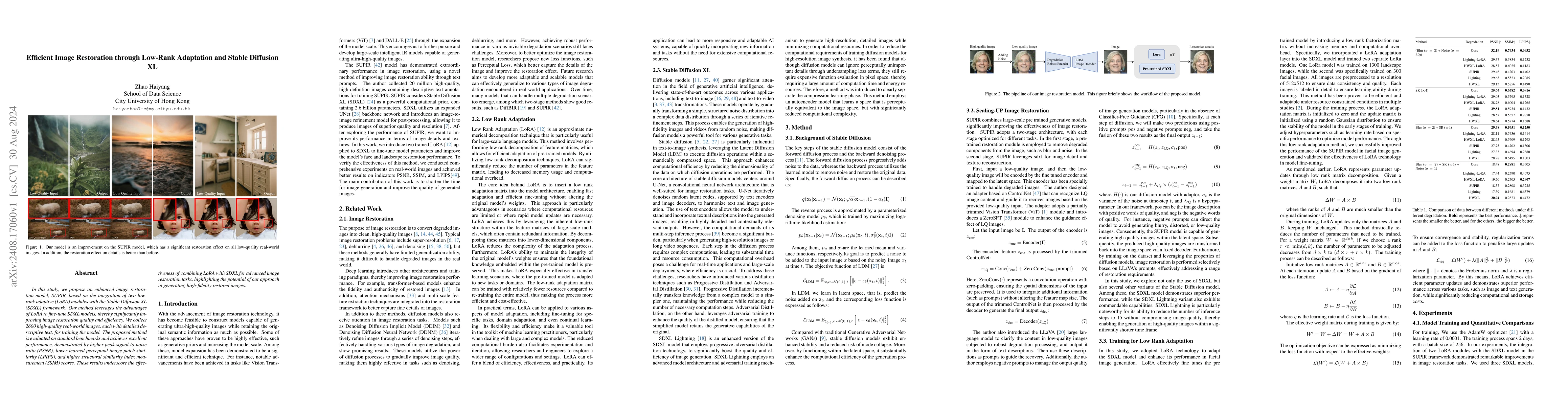 Thumbnail for Efficient Image Restoration through Low-Rank Adaptation and Stable
  Diffusion XL