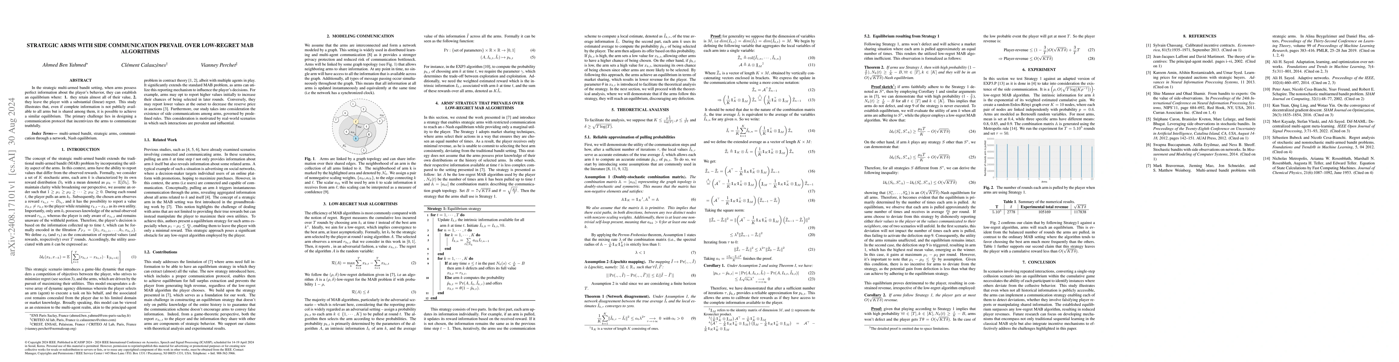 Thumbnail for Strategic Arms with Side Communication Prevail Over Low-Regret MAB
  Algorithms
