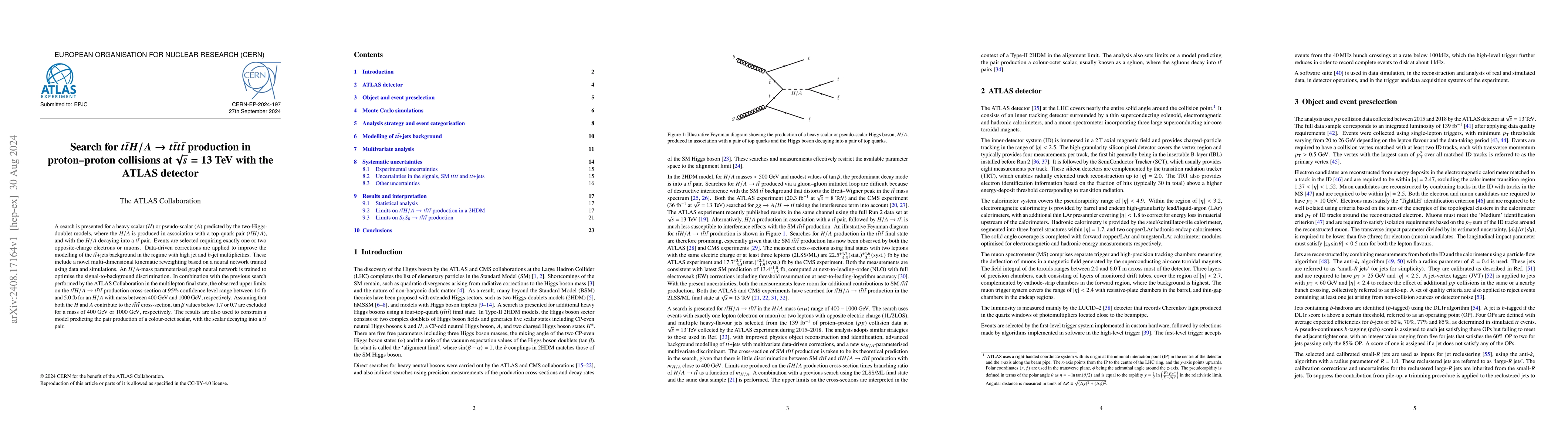 Thumbnail for Search for $t\bar{t}H/A \rightarrow t\bar{t}t\bar{t}$ production in
  proton-proton collisions at $\sqrt{s}=13$ TeV with the ATLAS detector