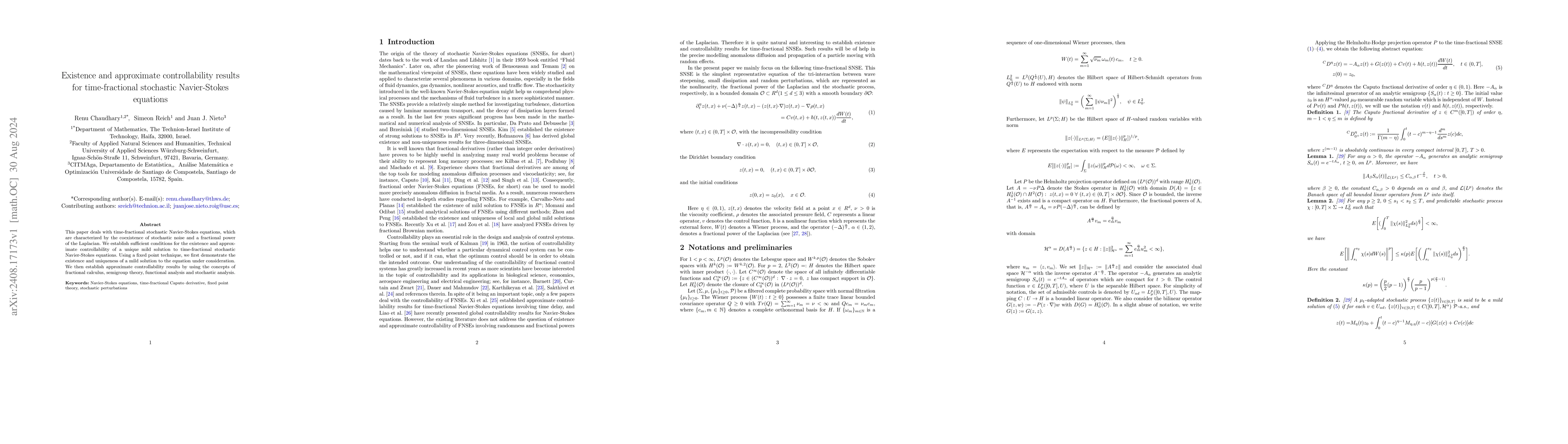 Thumbnail for Existence and approximate controllability results for time-fractional
  stochastic Navier-Stokes equations