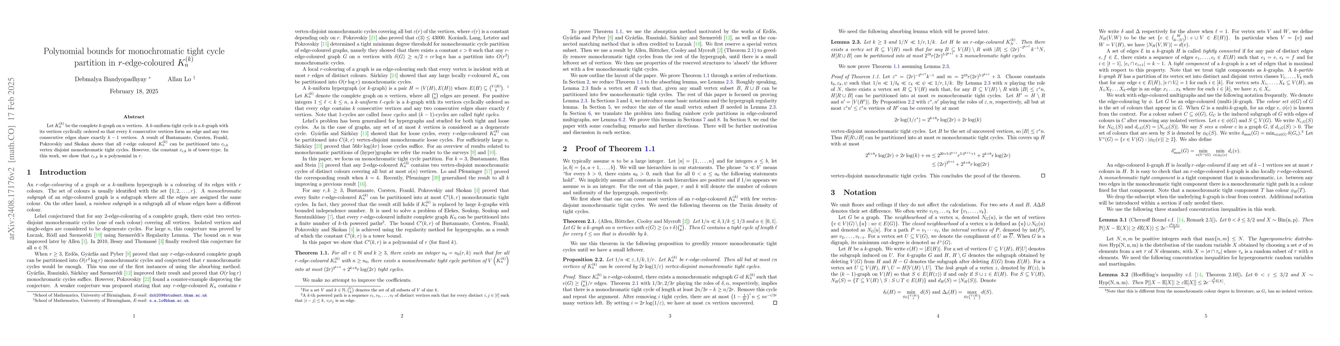 Thumbnail for Polynomial bounds for monochromatic tight cycle partition in
  $r$-edge-coloured $K_n^{(k)}$