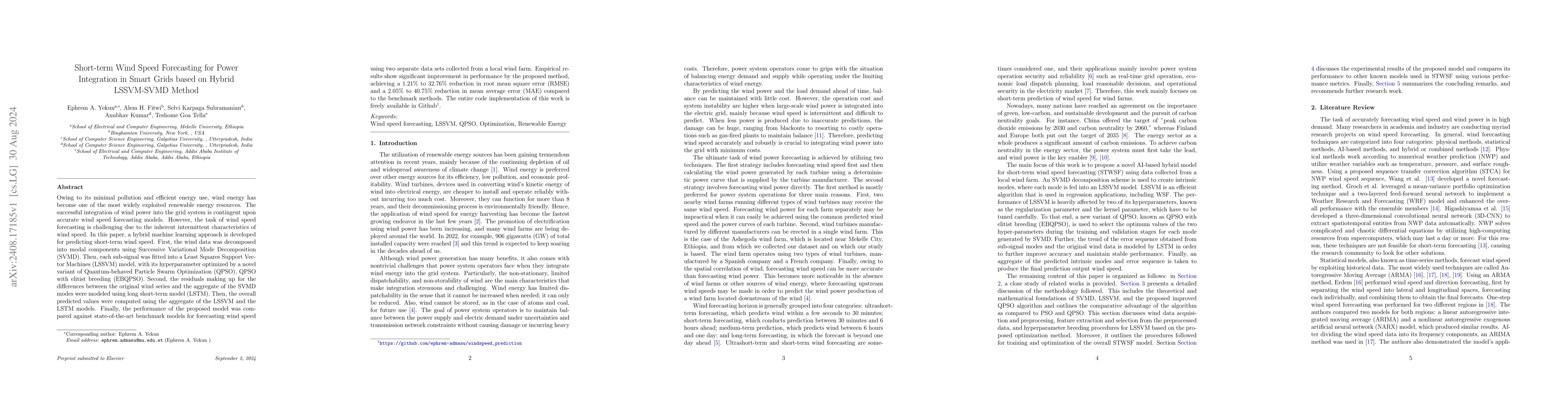 Thumbnail for Short-term Wind Speed Forecasting for Power Integration in Smart Grids
  based on Hybrid LSSVM-SVMD Method