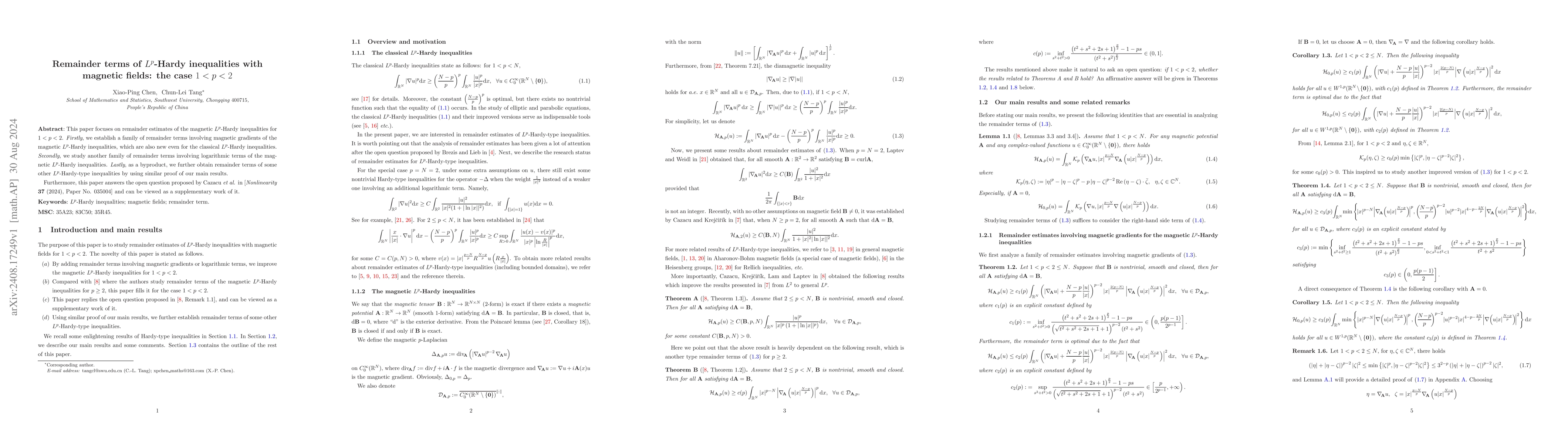 Thumbnail for Remainder terms of $L^p$-Hardy inequalities with magnetic fields: the
  case $1<p<2$