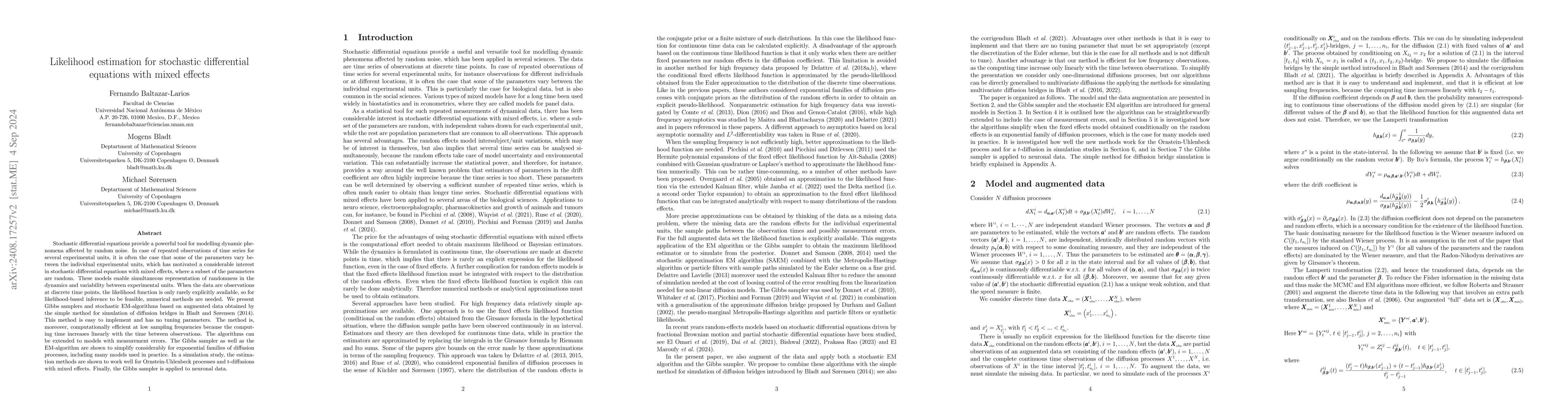 Thumbnail for Likelihood estimation for stochastic differential equations with mixed
  effects