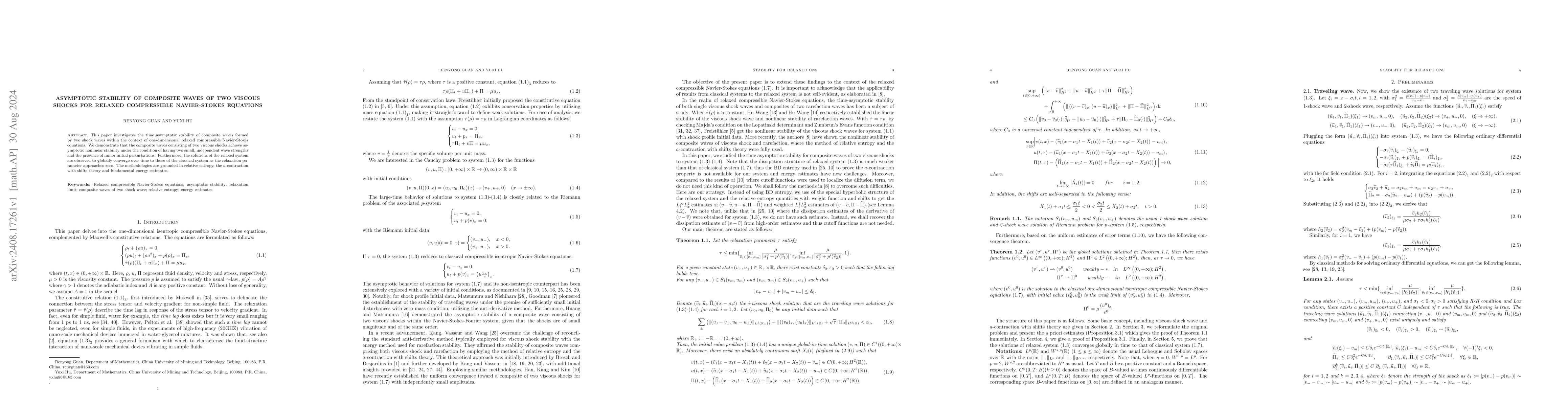 Thumbnail for Asymptotic stability of composite waves of two viscous shocks for
  relaxed compressible Navier-Stokes equations