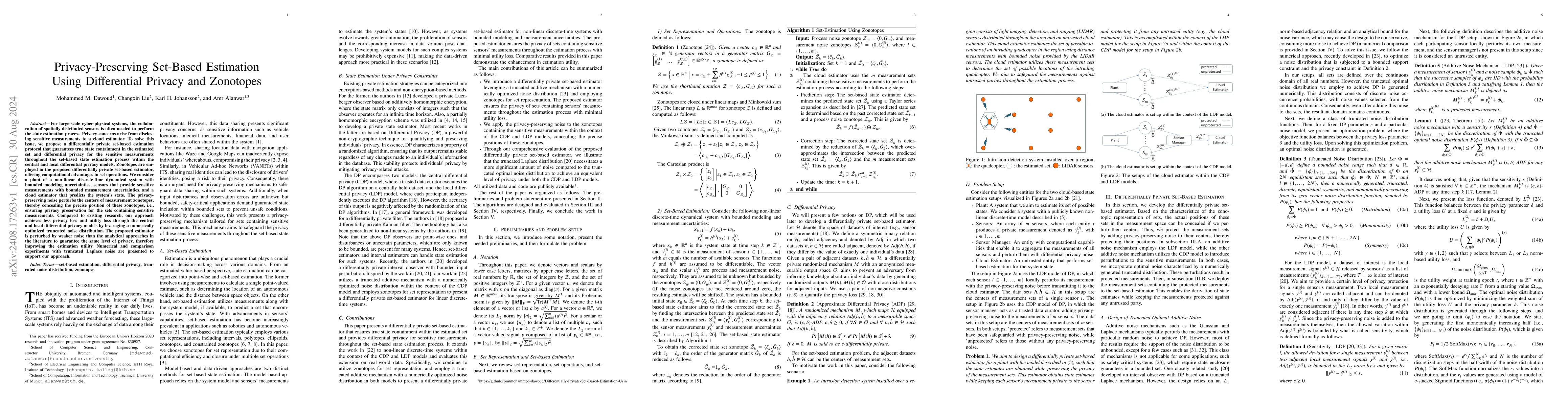 Thumbnail for Privacy-Preserving Set-Based Estimation Using Differential Privacy and
  Zonotopes