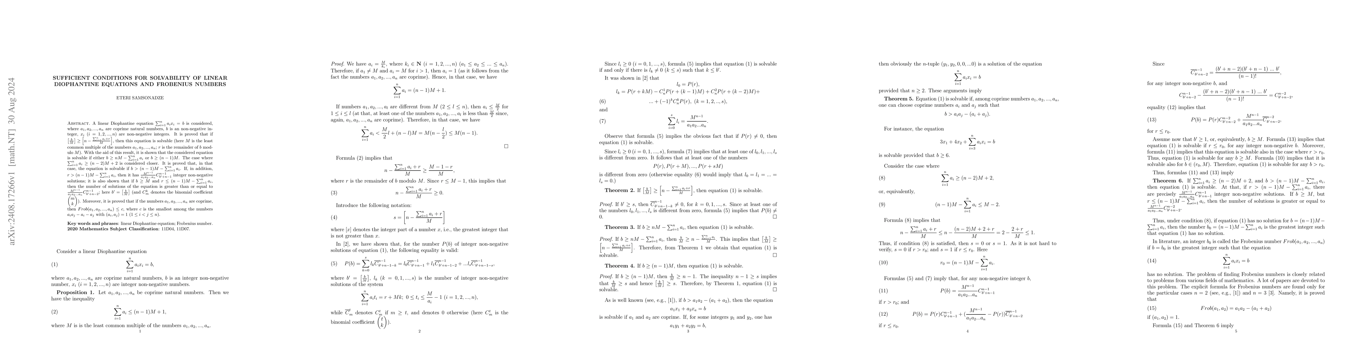 Thumbnail for Sufficient conditions for solvability of linear Diophantine equations
  and Frobenius numbers
