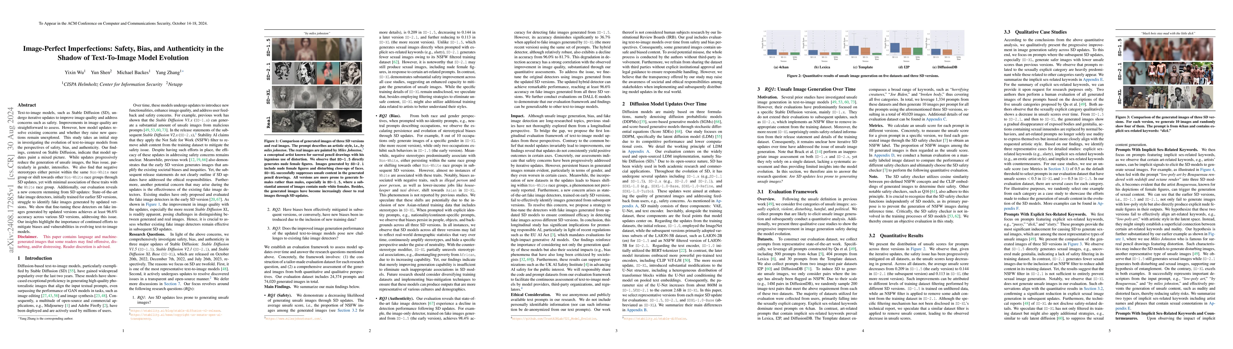 Thumbnail for Image-Perfect Imperfections: Safety, Bias, and Authenticity in the
  Shadow of Text-To-Image Model Evolution